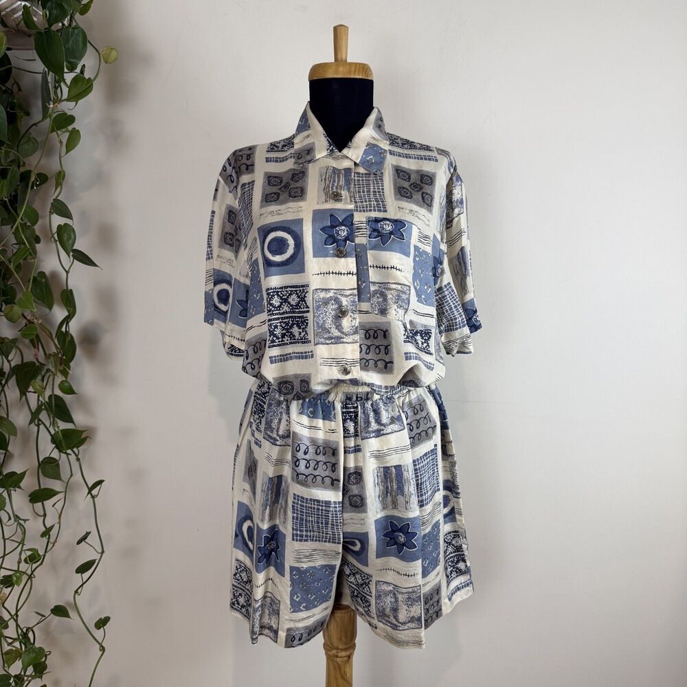 Vintage 100% Silk Set | Two Piece Shorts & Button Up | Abstract Print, Medium